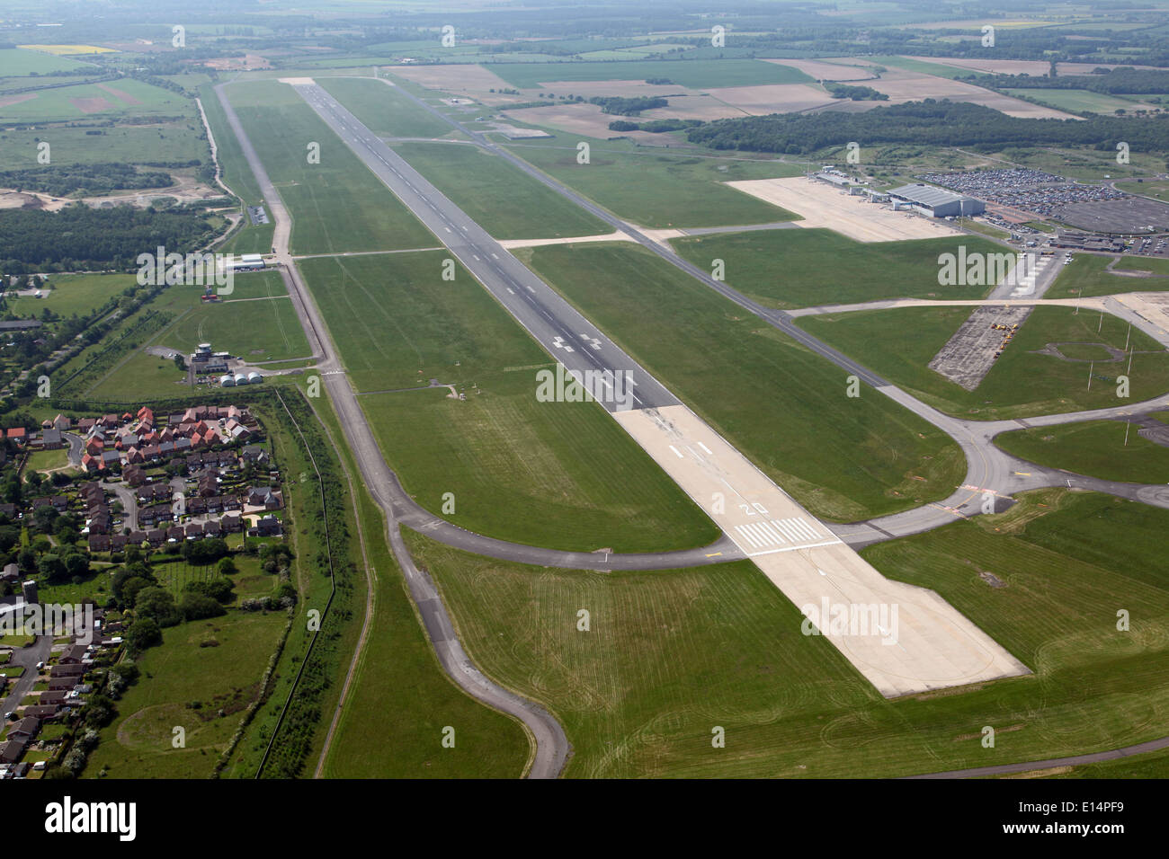 aerial view of Doncaster Sheffield Robin Hood Airport runway, formerly RAF Finningley military airfield, airbase or aerodrome Stock Photo
