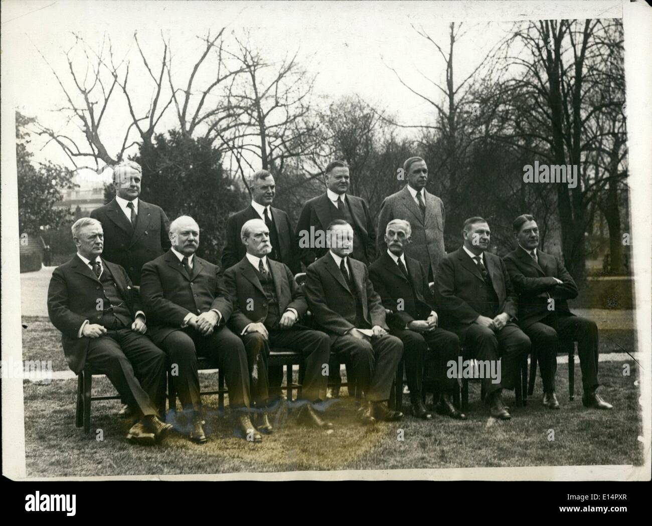 Apr. 18, 2012 - Members of the Cabinet photograph: left to right seated; Postmaster Gen. Harry S. New, Sedy of War John W. Weeks, Secy of State Chas. E. Hughes, President Coolidge; Secy of Treasury Andrew W. Mellon, Atty Gen. Harlan F. Stone and Secy of the Navy Curtis D. Wilbur. Standing: Secy of Labor James J. Davis, Secy of Agriculture Henry C. Wallace, Secy of Commerce Herbert Hoover, and Secy of Interior Hubert Work. Stock Photo