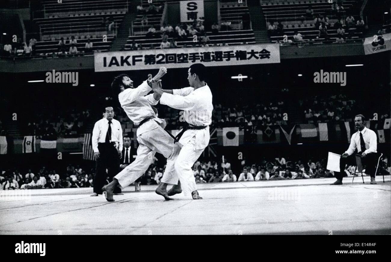 Apr. 18, 2012 - International Amateur. Karate Federation Second World Championship : The second world Championship was held recently in Tokyo's Budokan, (July 2.1977) with participation from 18 countries. After a very lively contest the Japanese carried off the first place with West Germany close behind and Great Britain taking third place. Photo shows The winners at the award presentation ceremony. The winning bout Japan-West Germany. Stock Photo