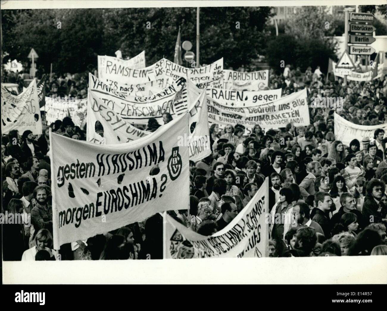 Apr. 18, 2012 - Demonstration For Peace On The Occasion Of The 42nd Anniversary Of The Beginning Of The Second World - War: On the occasion of the 42nd anniversary of the beginning of the 2nd world-war on September 1st, demonstrations for peace took place in several West German towns (among others in Hamburg -out picture). The demonstrators remembered the victims and called up increased efforts for the peace in the world, and they demonstrated against the neutron - bomb and the terrorism all over the world Stock Photo