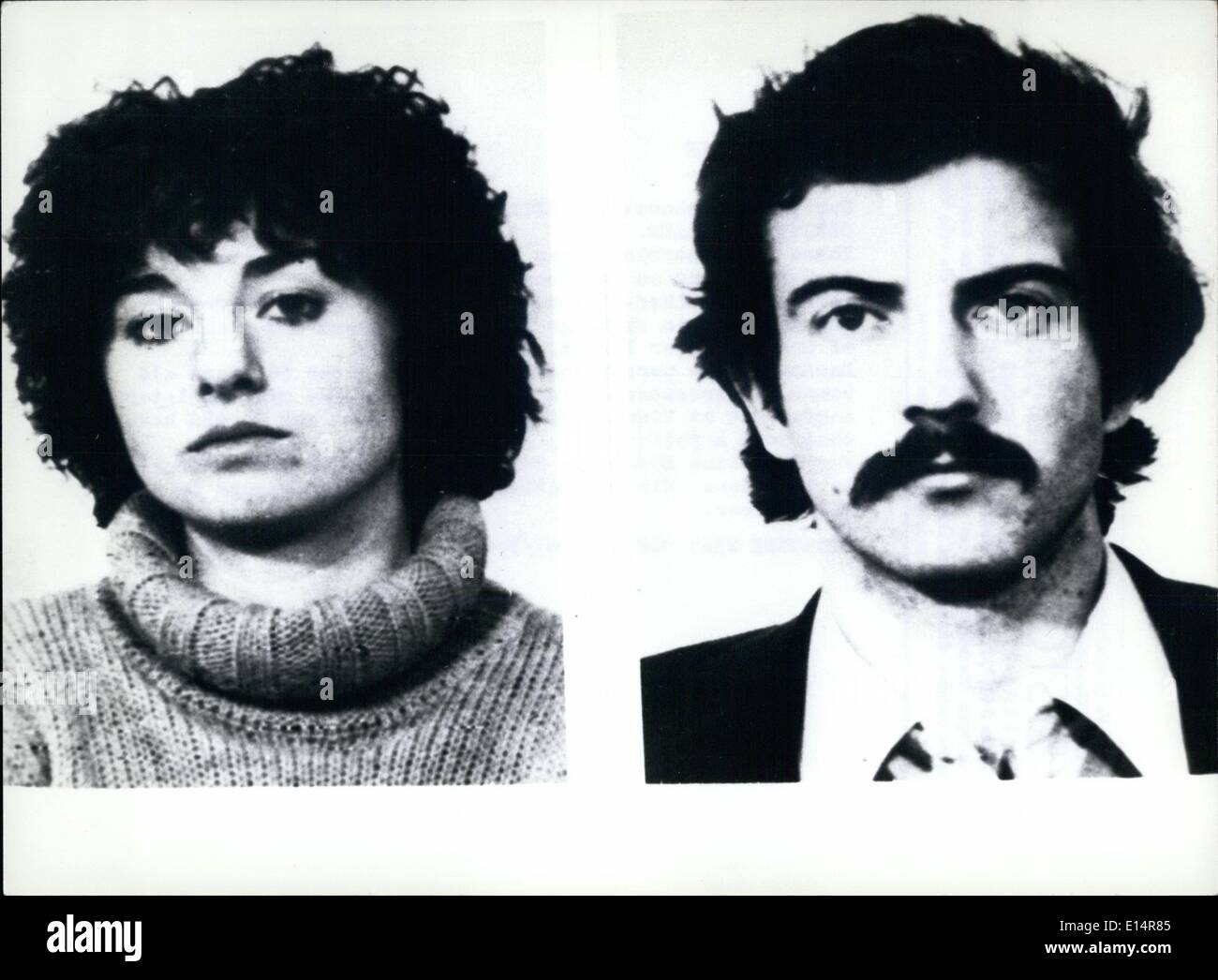 Apr. 18, 2012 - Photo shows Gabrielle Krocher-Tiedemann and Christian Moller. These two probable German terrorists could be arrested in Switzerland on December 20th, 1977. Gabrielle Krocher-Tiedemann has been arrested in Germany and get free in exchange for the kidnapped CDU-chairman of Berlin, Peter Lorenz, in spring 1975. Basing on the perception of the police, the 26 years old woman was accessoried in the assault to the OPEC-Minister-conference at Vienna two years ago. There she should have shot dead a policeman. For Christian Moller is searched because of bank-robberies in two cases Stock Photo