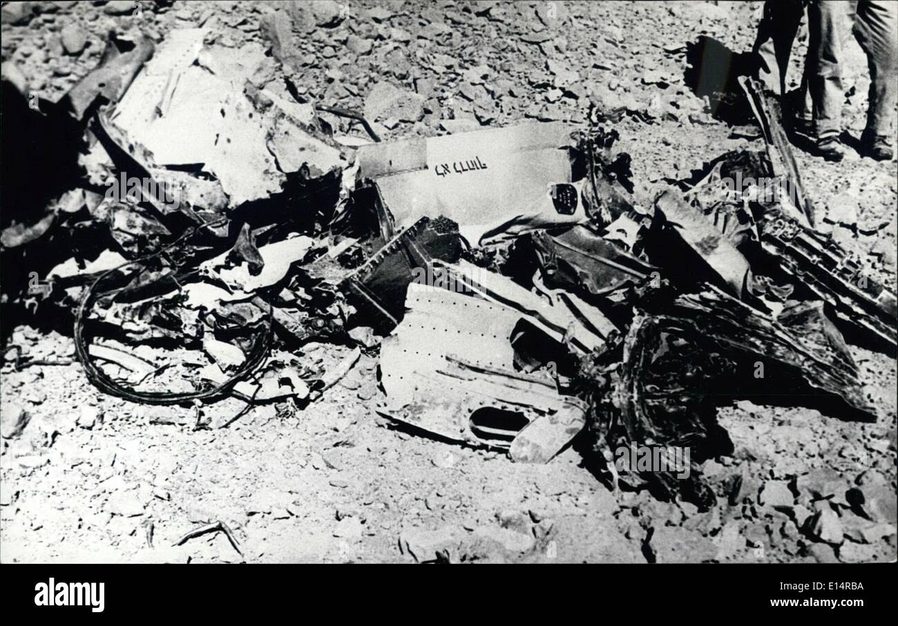 Apr. 18, 2012 - Israeli Planes Downed : Cairo, August 21, 1969 : Three Israeli planes attacking the Sothern area of the Suez Canal were shot down last Tuesday. The Wrekage of the enemy plane of sky hawk type. its wings is seen Hebrew writings. Stock Photo