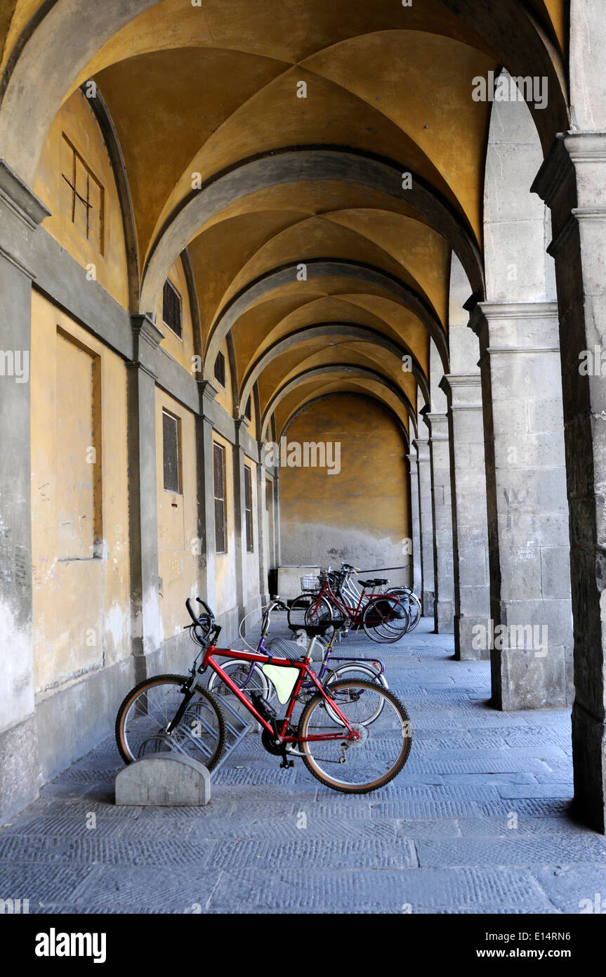 parked bicycles in Lucca, Italy. Stock Photo