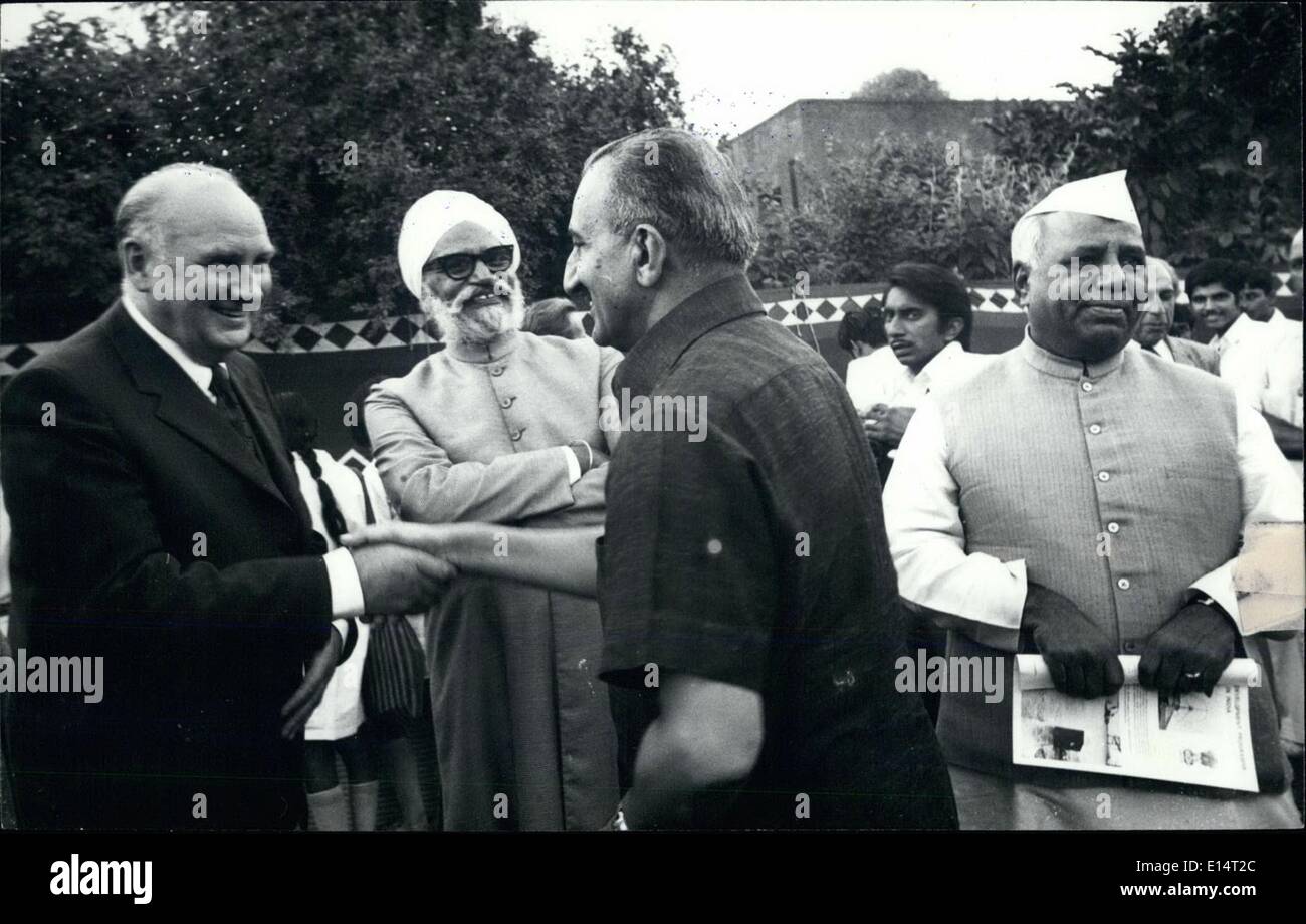 Apr. 18, 2012 - Prime Minister's Special Envoy Mr. Mohd. Ynas greeting Soviet Ambassador Mr.J Maltsev at the reception that preceded the meeting held under the auspices of Indian Council of World Affairs at Sapru House in New Delhi on Monday - Oct. 25, 1976 in celebration of the U.N. Day. Union Minister for external affairs Mr. Y.B Chavan who addressed the meeting and Mr. Swaran Singh, ICWA president are also see in the picture. Stock Photo