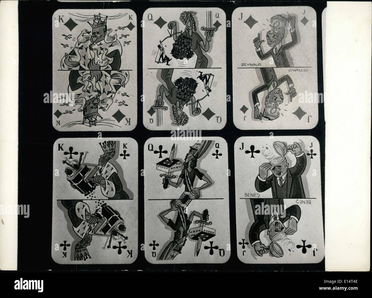 Apr. 18, 2012 - German wartime packs of playing cards: K of Diamonds is Duff Cooper receiving and sending foreign news by rigeon post. Q. of Diamonds is Britannia weighing the working class interest against capitulation, the latter being the heavies. K of Clubs, is Lord Halifax squeezing the lifeblood of the Eastern races. Two of Clubs is Britannia attacking the hospitals. Stock Photo