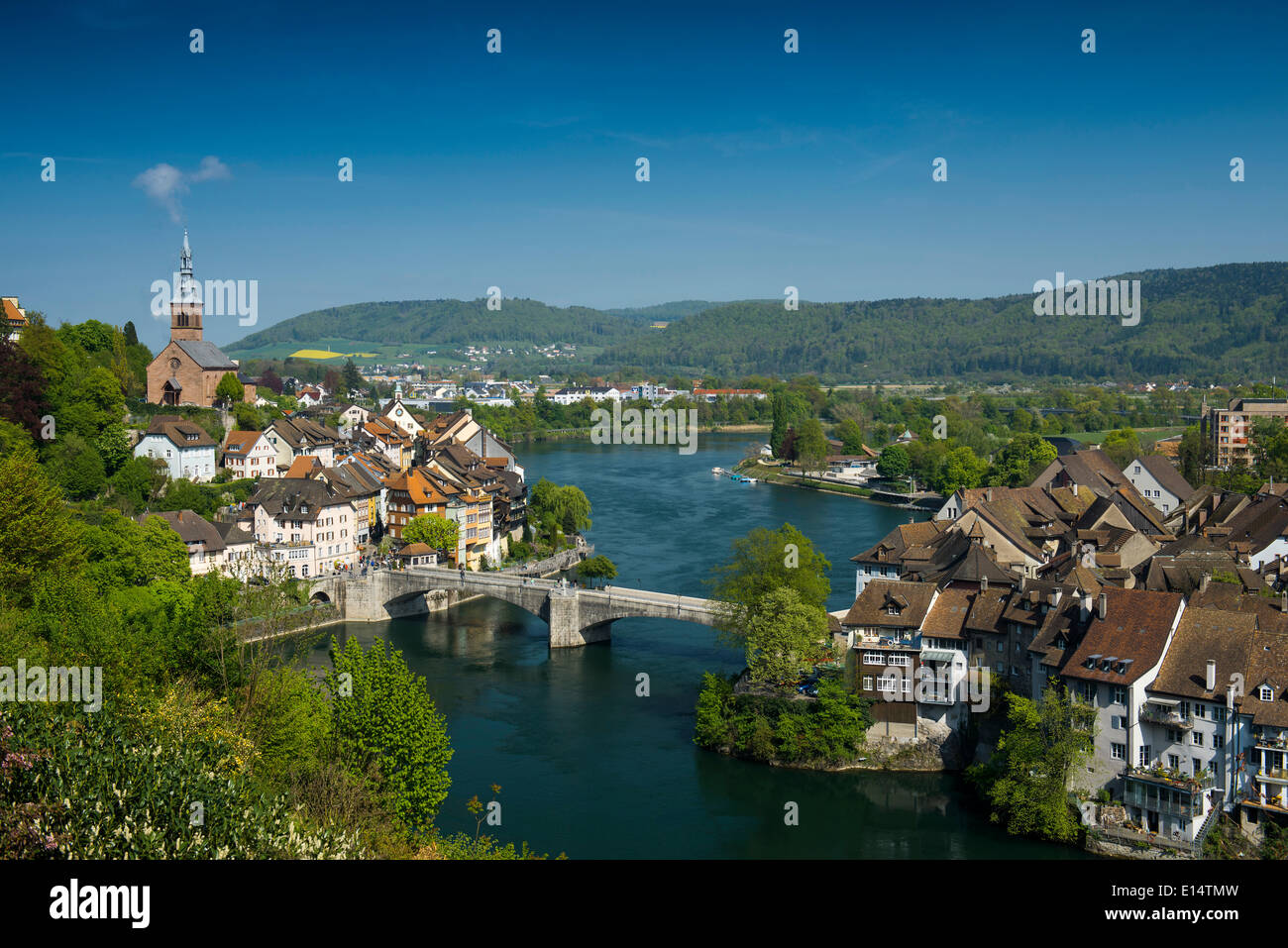 Laufenburg Baden, left, and Laufenburg Switzerland, right, High Rhine, Baden-Württemberg, Germany Stock Photo