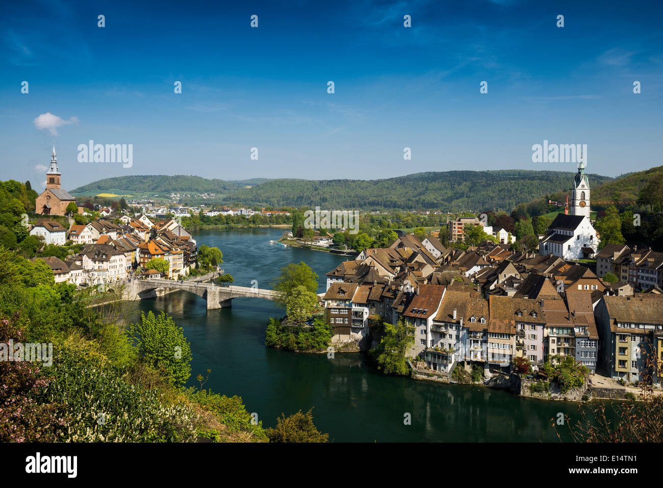 Laufenburg Baden, left, and Laufenburg Switzerland, right, High Rhine, Baden-Württemberg, Germany Stock Photo