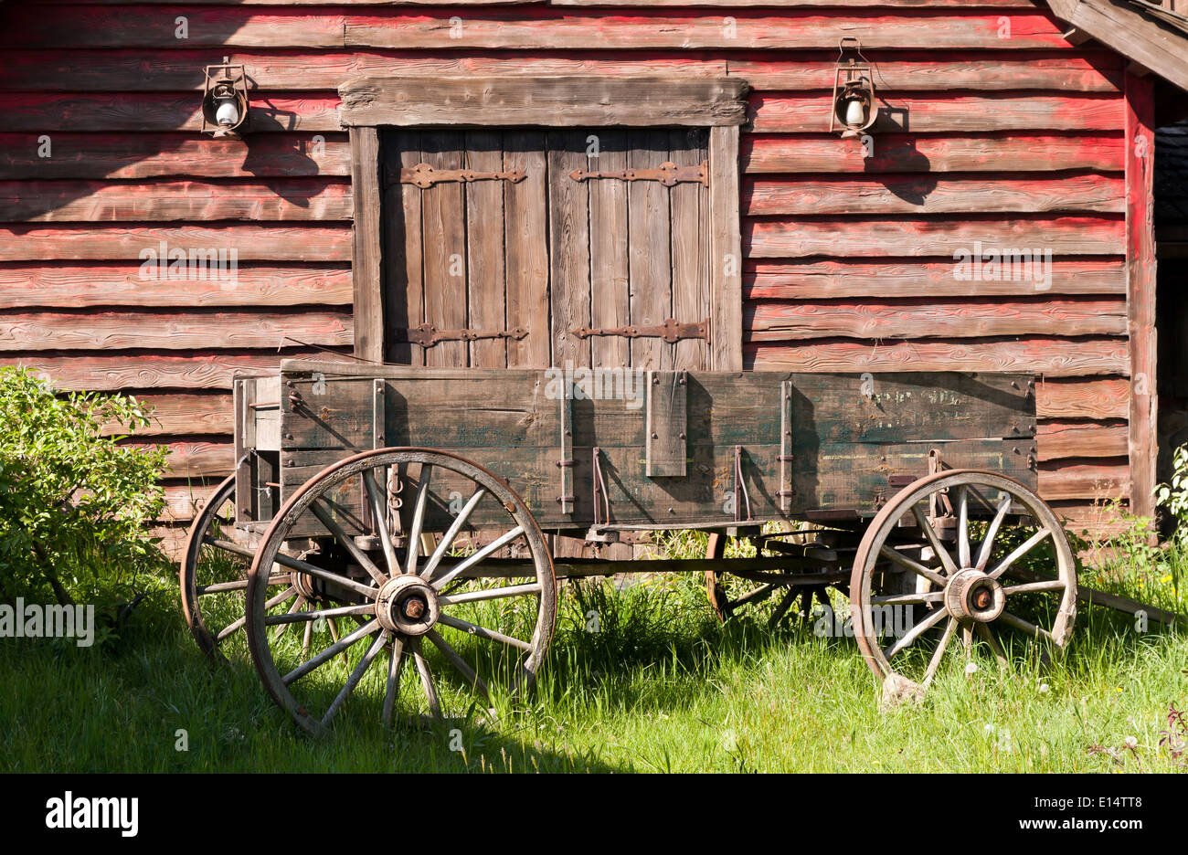 Wooden Barn and Wagon, in Frontierland, Disneyland Paris, Marne-la-Vallée, France Stock Photo