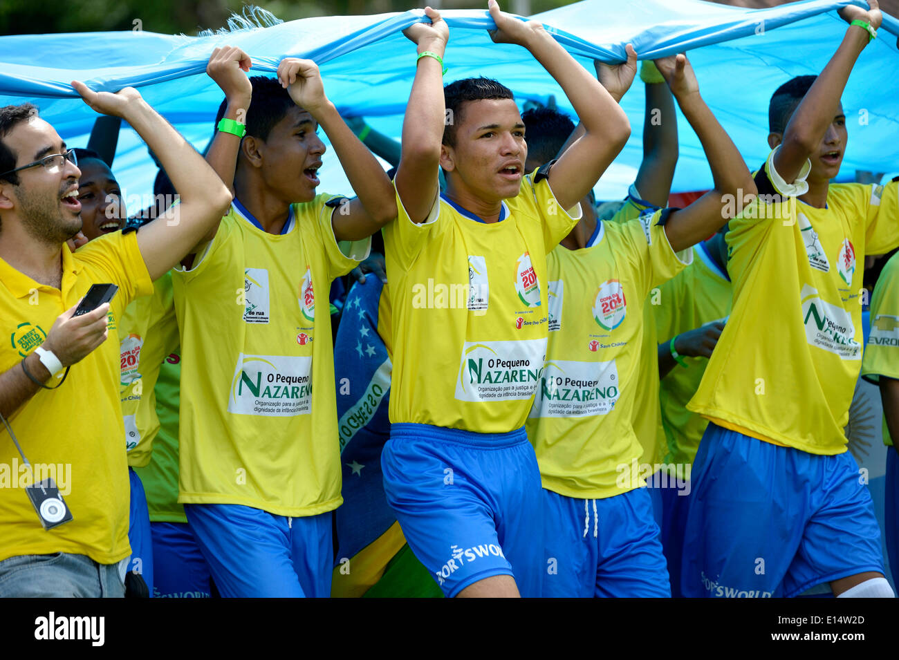 Team from Brazil entering the stadium, opening ceremony of Street Children World Cup 2014, Rio de Janeiro, Brazil Stock Photo