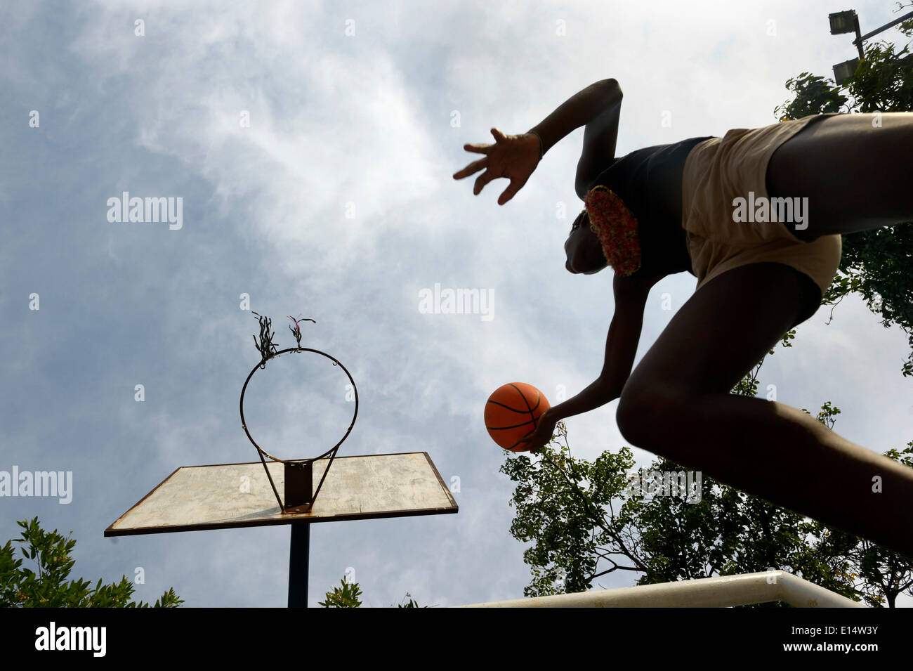 Youth making a layup in basketball, Rio de Janeiro, Rio de Janeiro State, Brazil Stock Photo