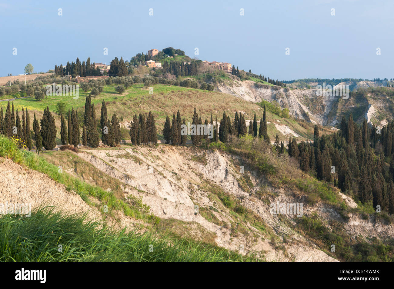 Erosion landscape of the Crete Senesi, village of Chiusure at the back, Asciano, Tuscany, Italy Stock Photo