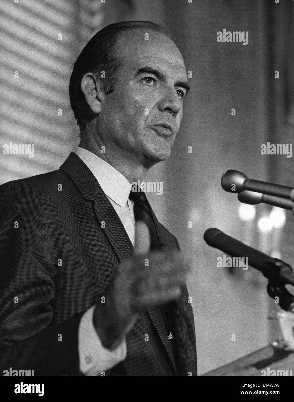 George McGovern, a decorated WWII bomber pilot who represented South Dakota in the House and the Senate, campaigned against U.S. involvement in Vietnam in his 1972 Democratic bid for the presidency and lost in a landslide to Richard M. Nixon, died Sunday Oct. 21, 2012. He was 90. PICTURED: Aug. 15, 1968 - Washington, District of Columbia, U.S. - Senator GEORGE MCGOVERN, speaking at the Washington National Press Club, while seeking the Democratic party's nomination for president. Stock Photo