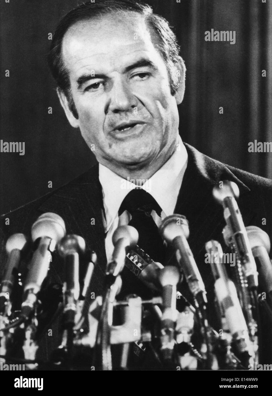 George McGovern, a decorated WWII bomber pilot who represented South Dakota in the House and the Senate, campaigned against U.S. involvement in Vietnam in his 1972 Democratic bid for the presidency and lost in a landslide to Richard M. Nixon, died Sunday Oct. 21, 2012. He was 90. PICTURED: Feb. 01, 1971 - Pierre, South Dakota, U.S. - Senator GEORGE MCGOVERN speaking at a press conference in South Dakota, seeking Presidential candidacy. Stock Photo