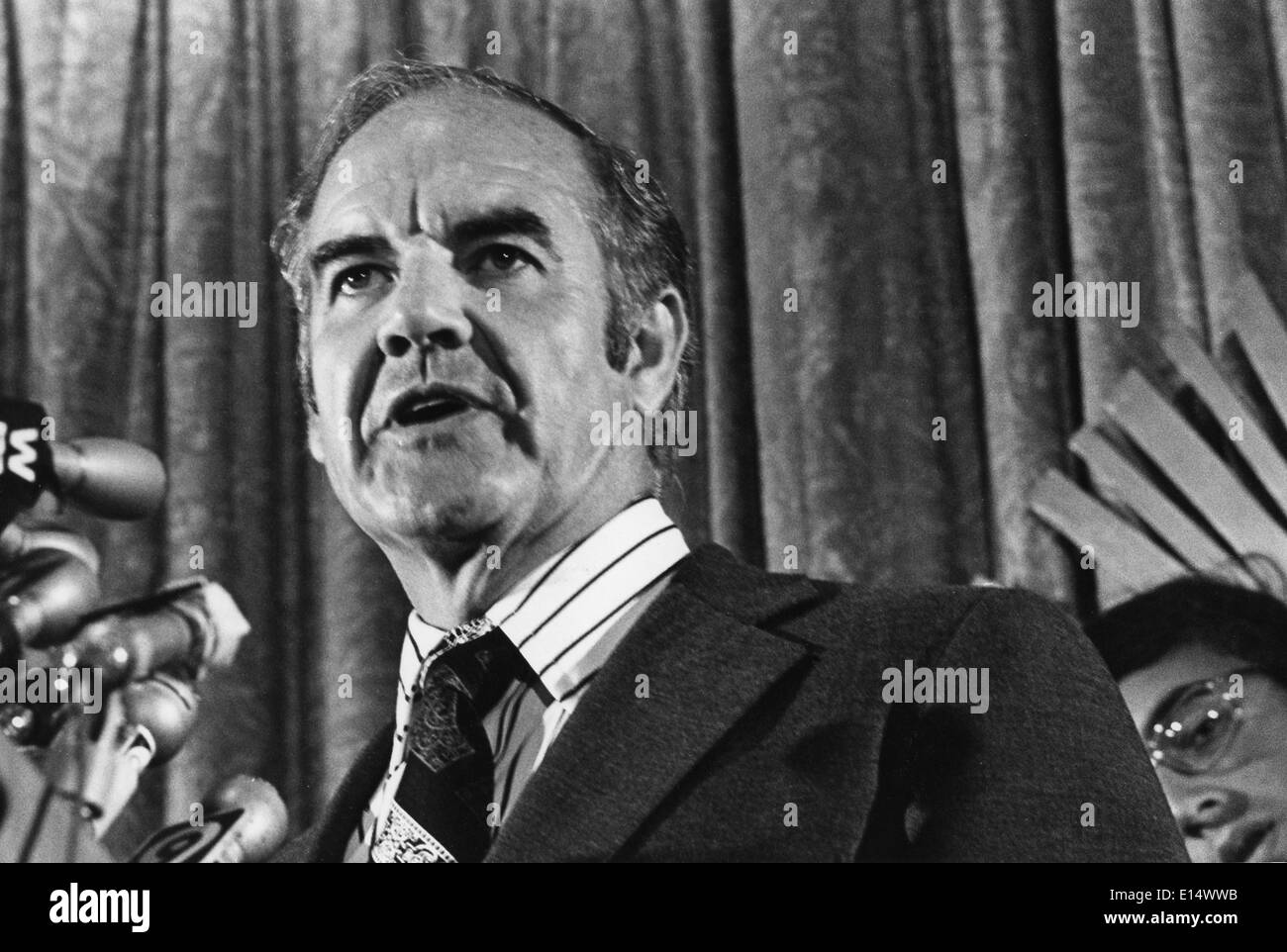 George McGovern, a decorated WWII bomber pilot who represented South Dakota in the House and the Senate, campaigned against U.S. involvement in Vietnam in his 1972 Democratic bid for the presidency and lost in a landslide to Richard M. Nixon, died Sunday Oct. 21, 2012. He was 90. PICTURED: June 01, 1972 - Washington, District of Columbia, U.S. - GEORGE MCGOVERN, born July 19, 1922, is a historian and author and former United States Senator from South Dakota. McGovern was also the Democratic Party nominee in the 1972 presidential election. PICTURED: McGovern speaking at a press conference. Stock Photo