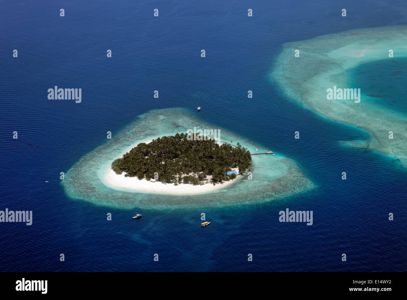 Aerial view, uninhabited island of Kuda Bandos, North Malé Atoll, Indian Ocean, Maldives Stock Photo