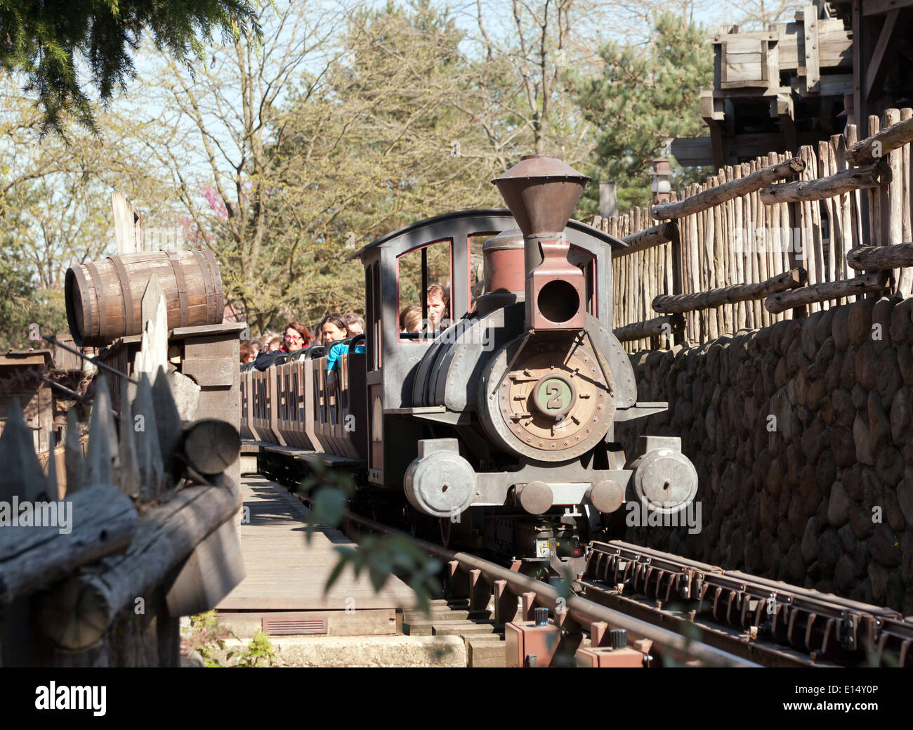 View of the Big Thunder Mountain Railroad, a roller coaster ride in Frontierland at Disney Land Paris. Stock Photo