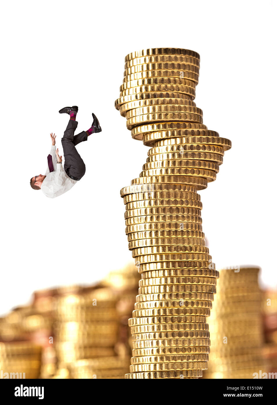 man fall from pile of euro coin Stock Photo