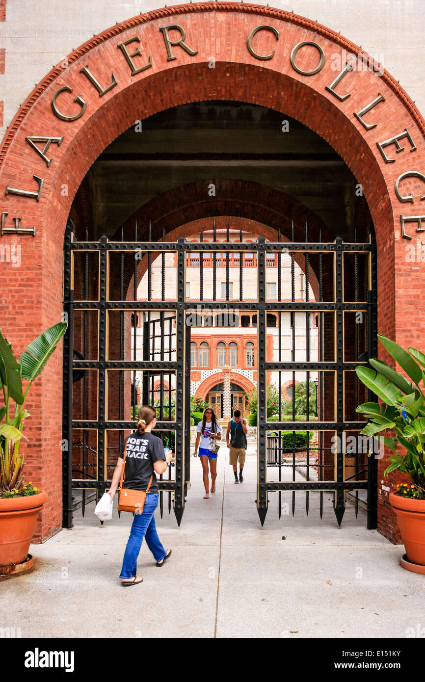 Students come and go through the main entrance to the Flagler College in St. Augustine FL Stock Photo