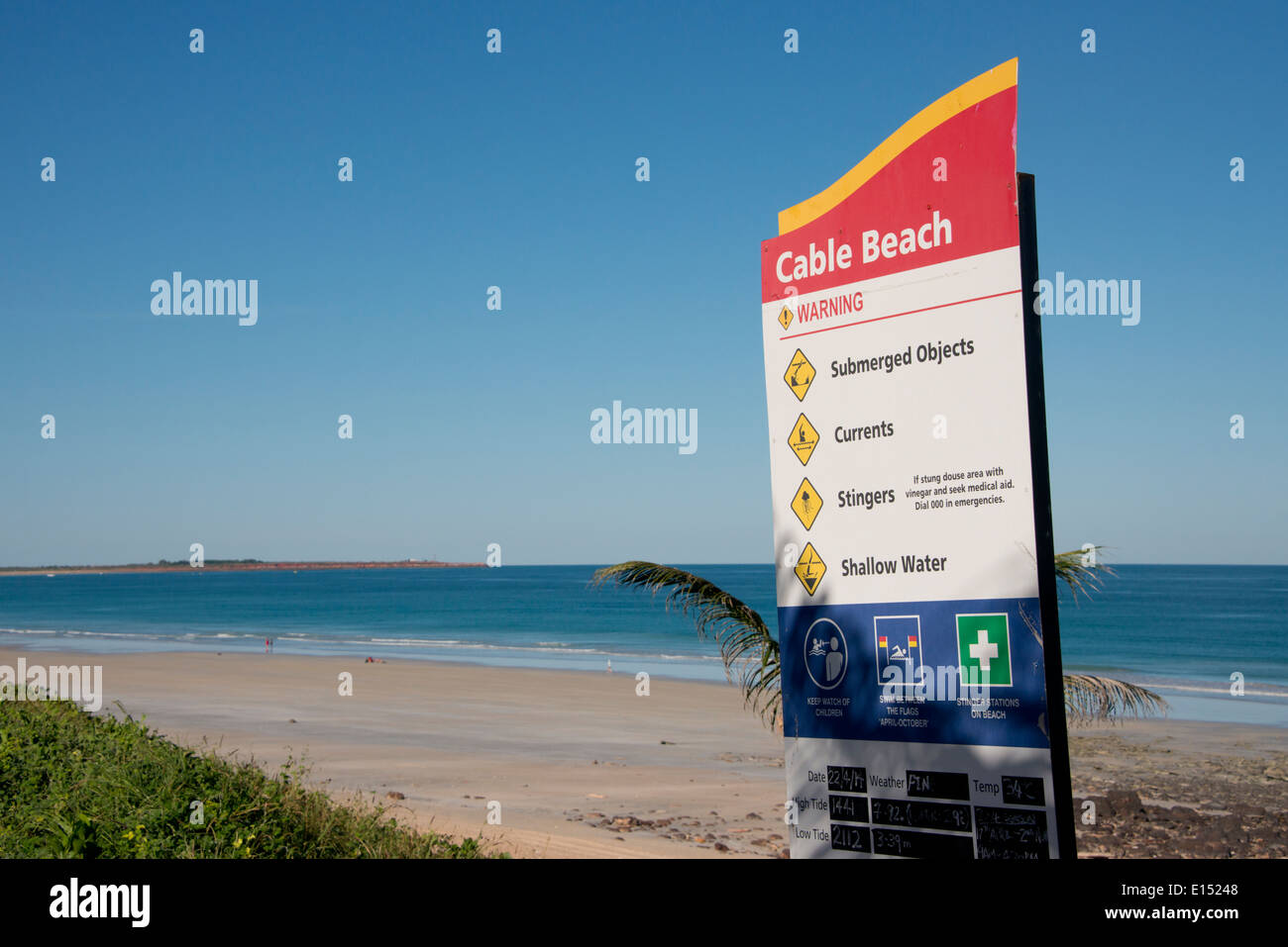 Australia, Western Australia, Broome, Cable Beach. Caution sign. Stock Photo