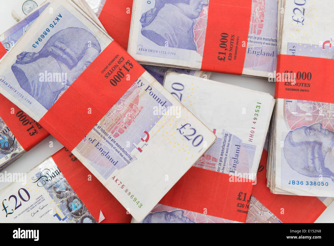 £1000 Bundles of British pounds sterling. Stock Photo