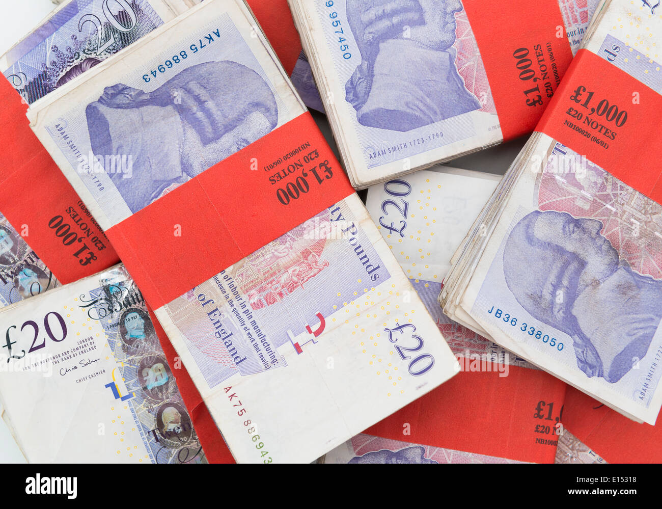 £1000 Bundles of British pounds sterling. Stock Photo