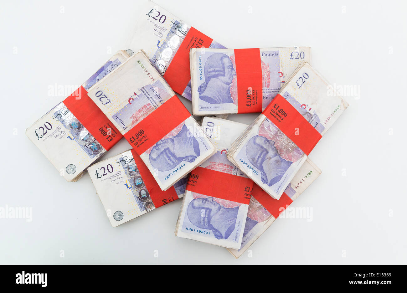 £1000 Bundles of British pounds sterling. Stock Photo