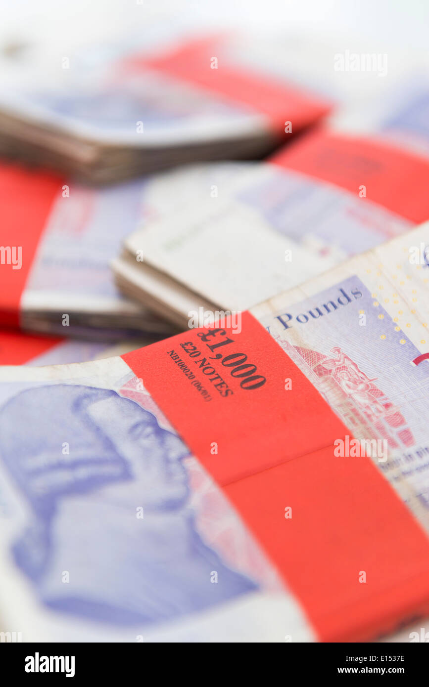 £1000 Bundles of British pounds sterling. Stock Photo