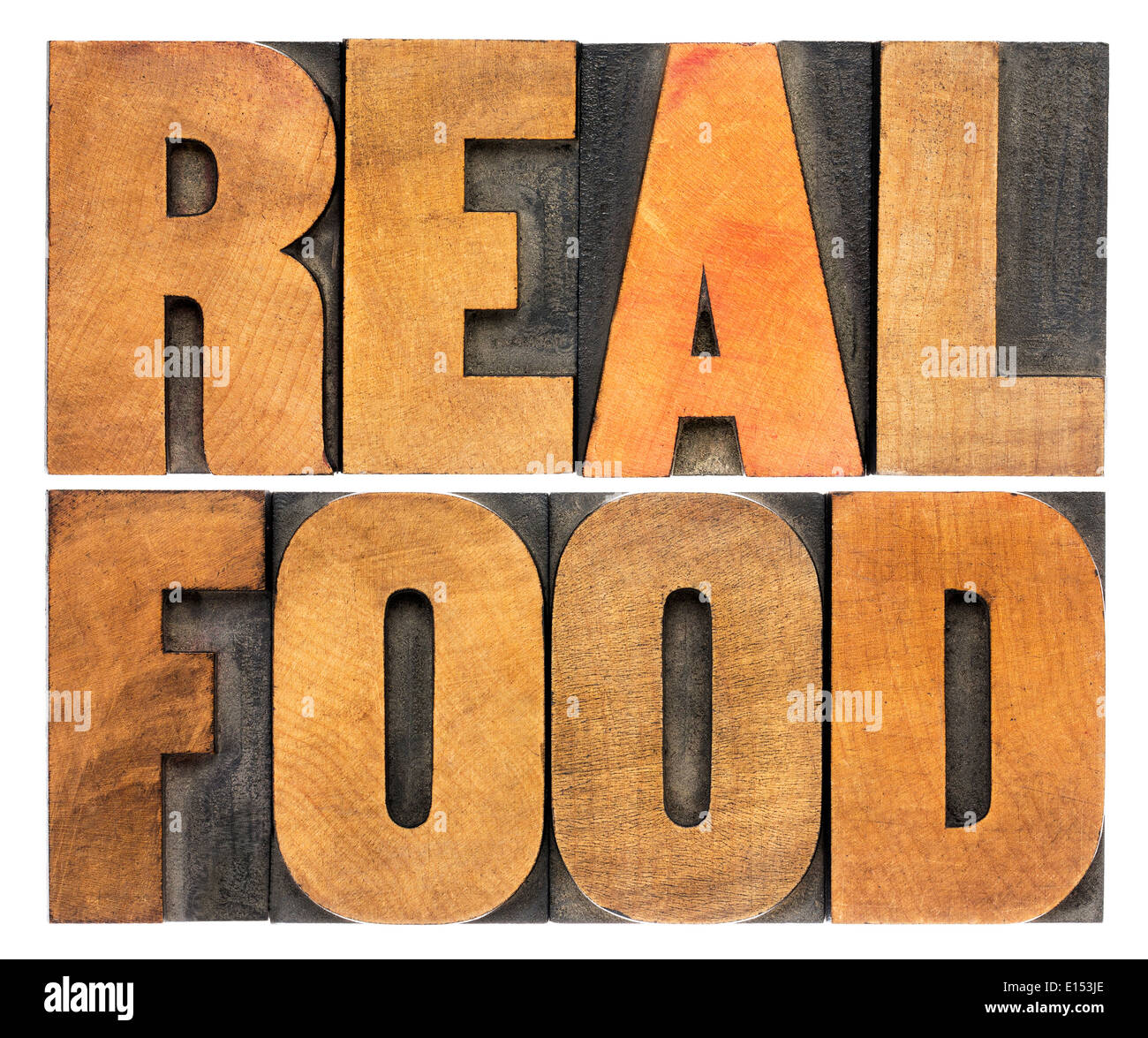 healthy lifestyle concept - real food, isolated text in vintage letterpress wood type Stock Photo