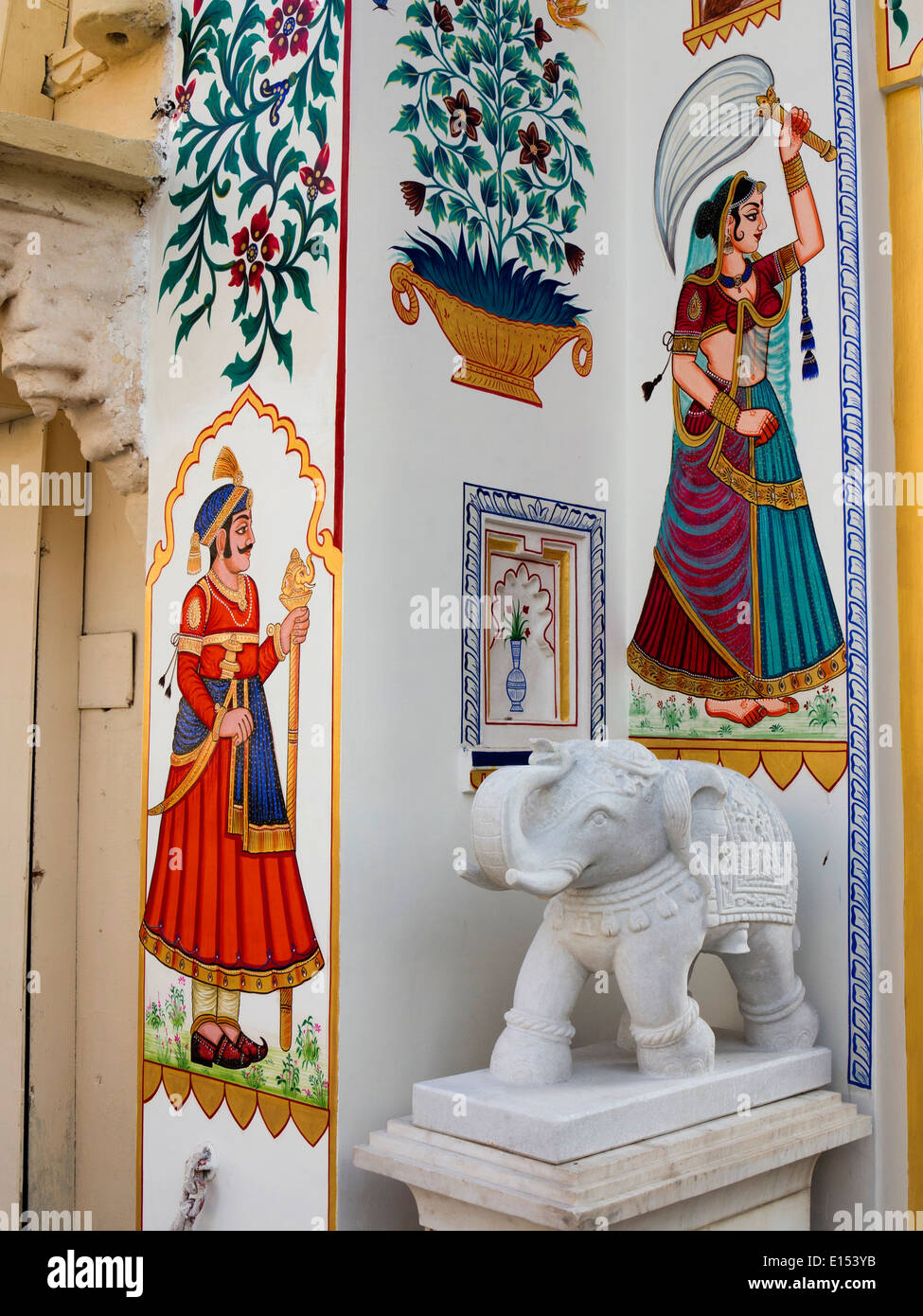 India, Rajasthan, Udaipur, City Palace, high quality traditional Rajasthani Folk Art, wall paintings Stock Photo