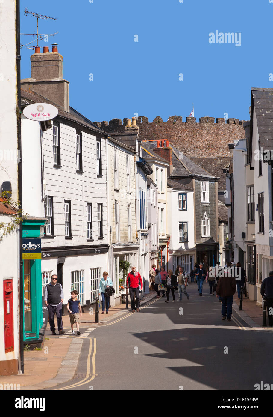 View of Totnes Castle viewed from the South along Cistern Street, Totnes, Devon, UK Stock Photo