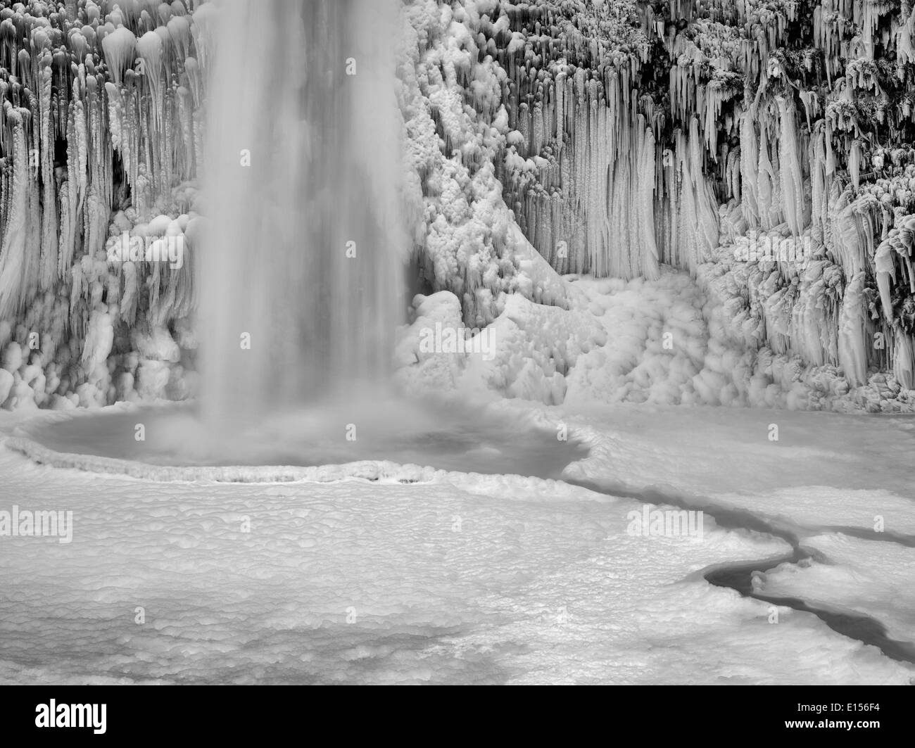 Close up of Horsetail Falls with ice and snow. Columbia River Gorge National Scenic Area, Oregon Stock Photo