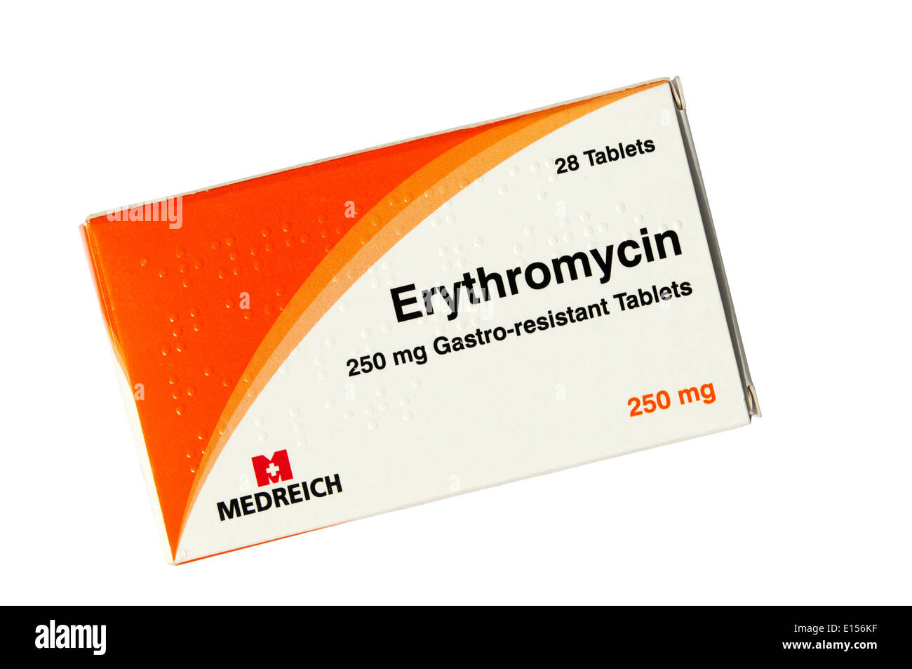 A box of Erythromycin antibiotics made by the pharmaceutical company Medreich. Stock Photo