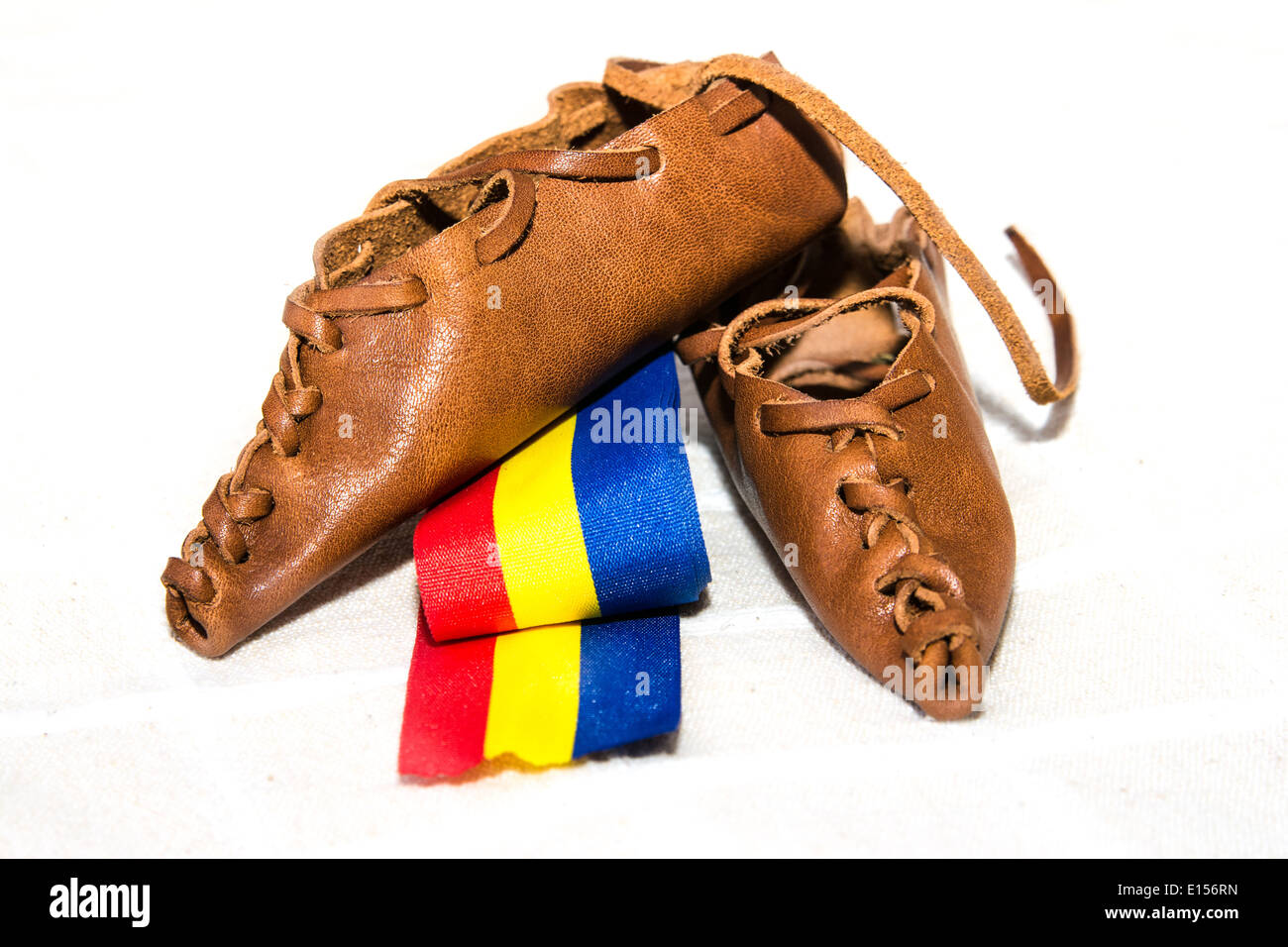 Traditional costume from Romania, ethnic symbol with romanian flag Stock Photo