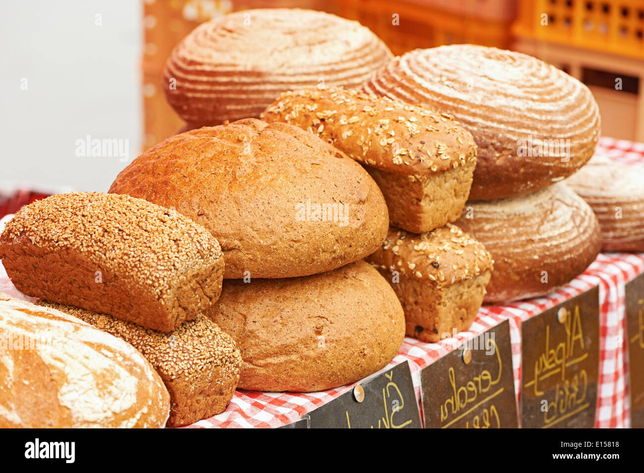 Assortment of baked bread on table Stock Photo