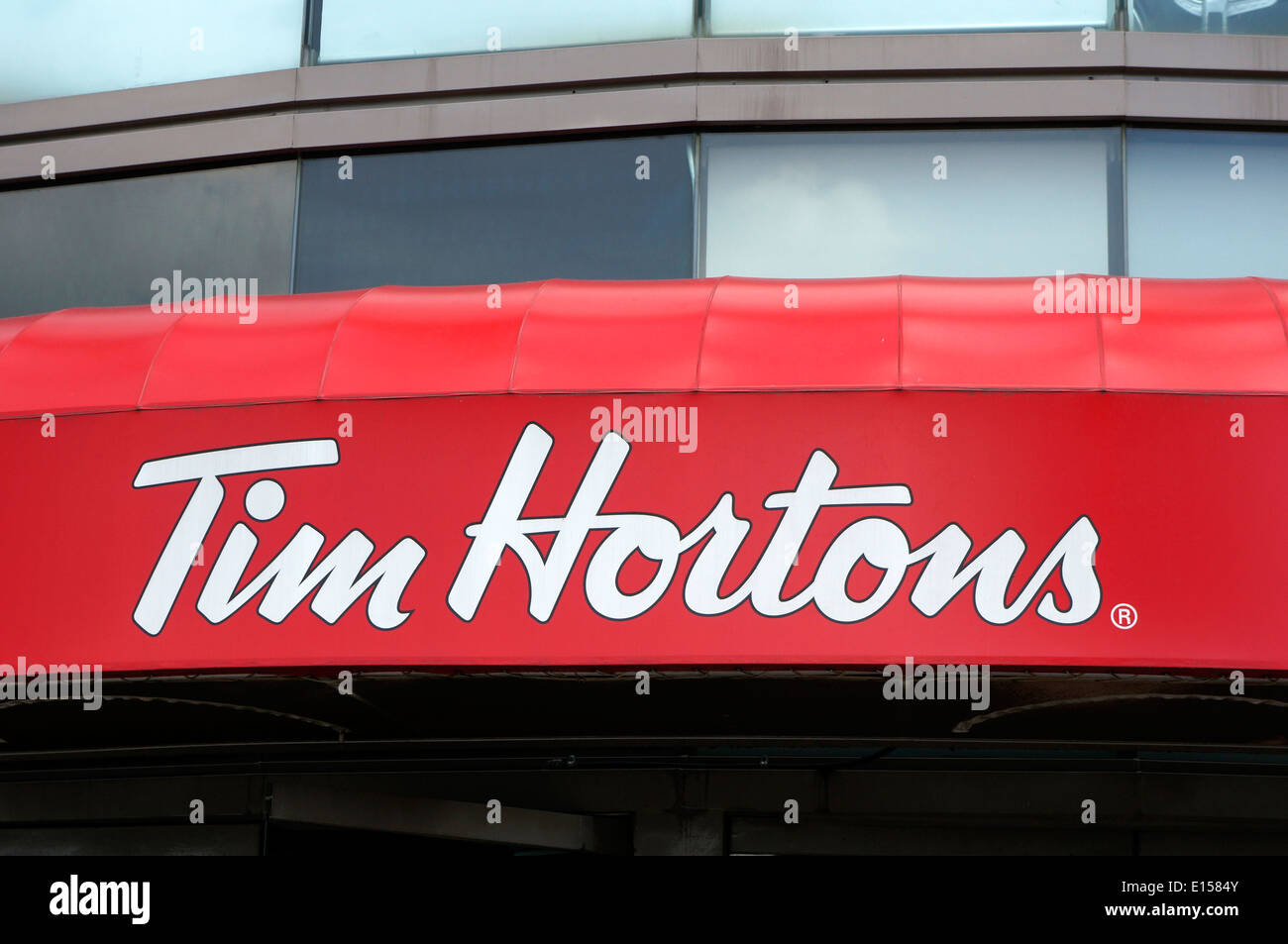 Tim Hortons coffee shop and restaurant sign in Vancouver, BC, Canada Stock Photo