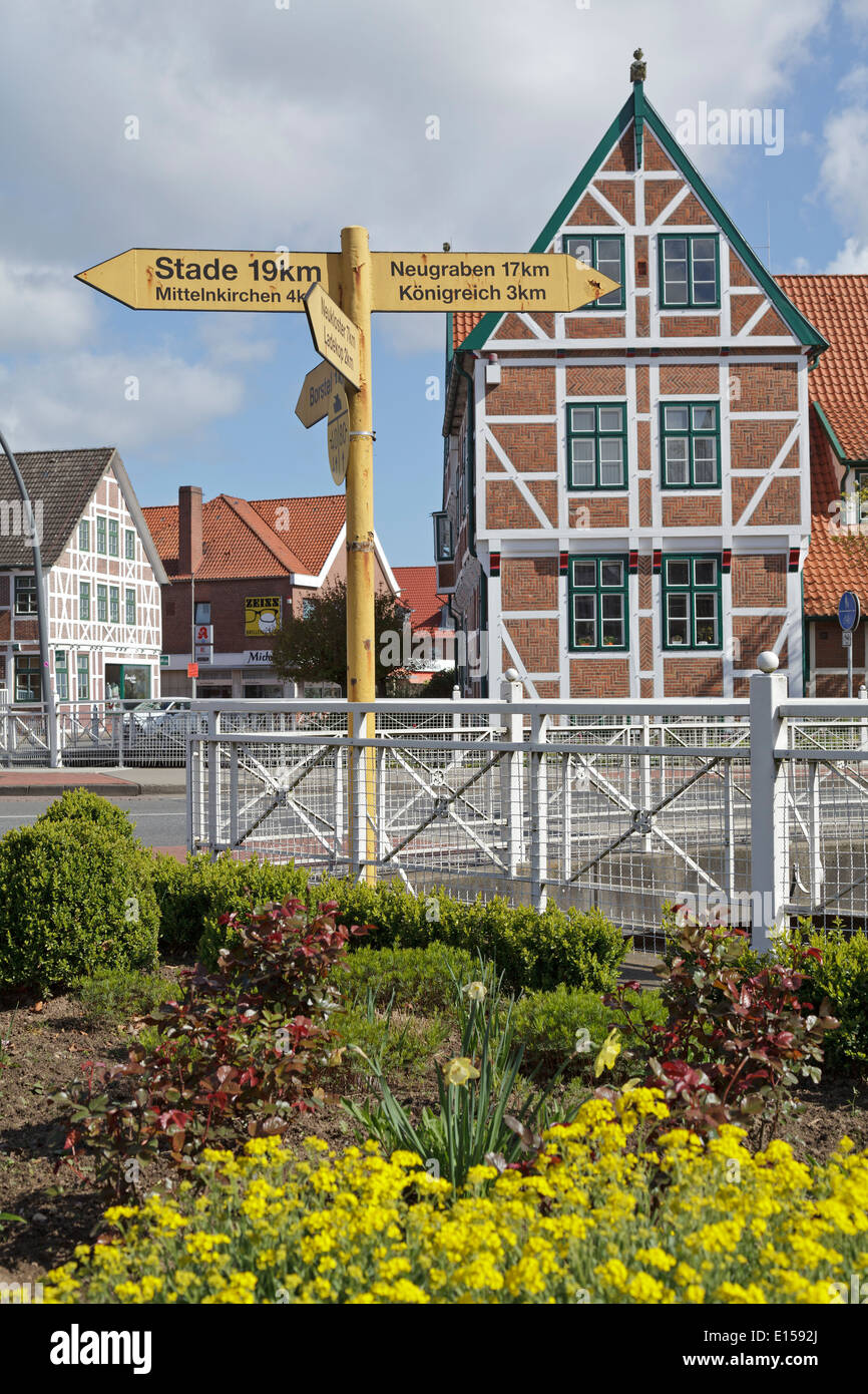 signpost and town hall, Jork, Altes Land (Old Country), Lower Saxony, Germany Stock Photo