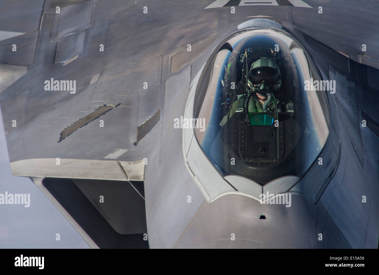 A US Air Force F-22 Raptor stealth fighter aircraft during Red Flag-Alaska 14-1 May 19, 2014 over the Joint Pacific Alaska Range Complex in Alaska. Stock Photo