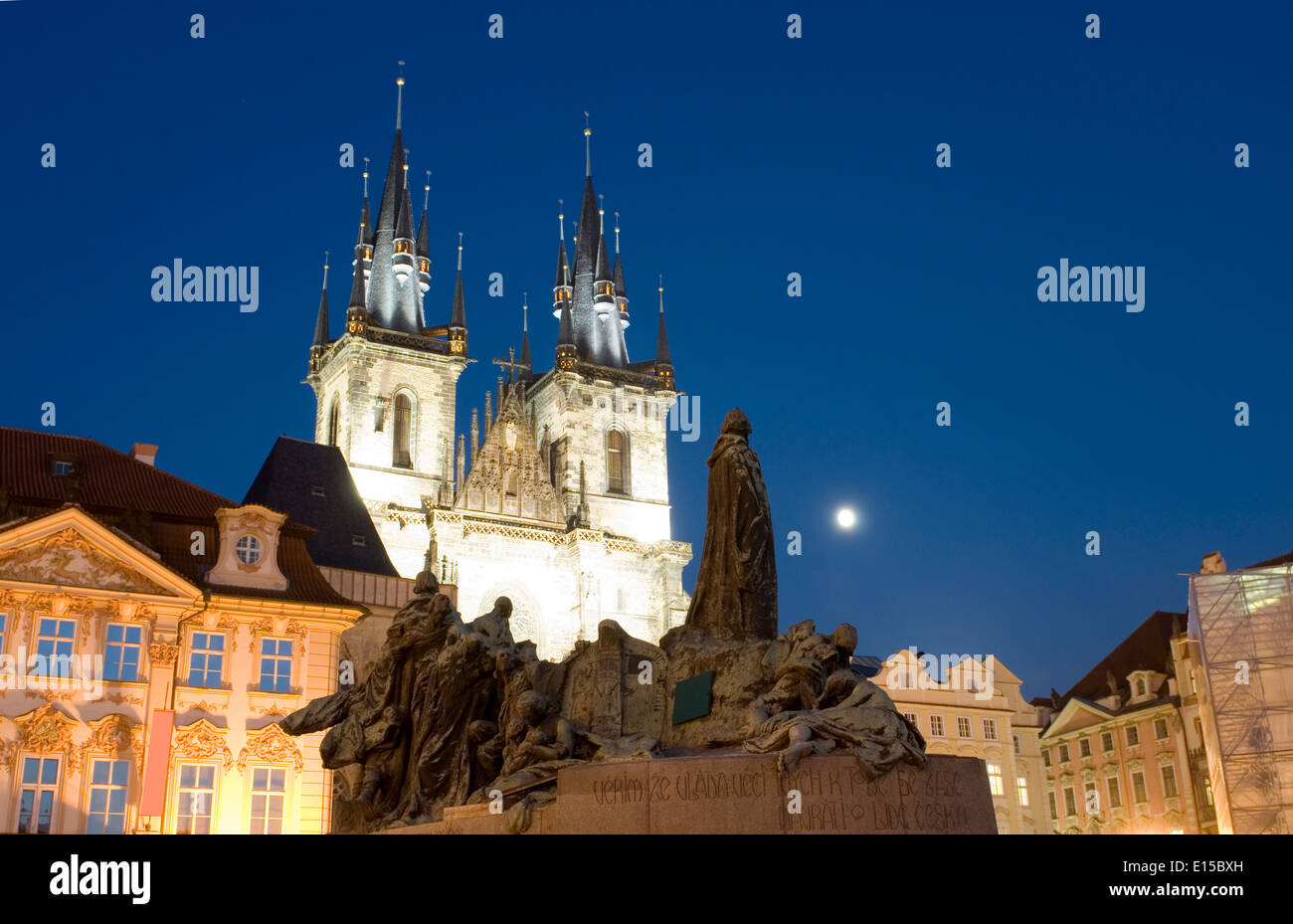 Tyn Church and statue monument of Jan Hus at night Old Town Square Prague Czech Republic Stock Photo