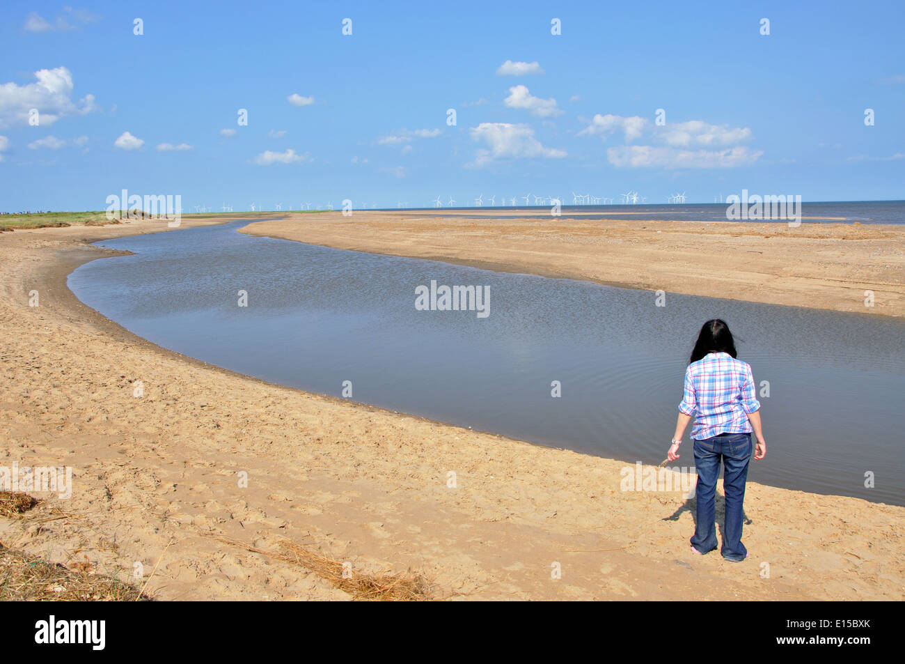 woman looking out to sea, Gibraltar Point, near Skegness, Lincolnshire, England, UK Stock Photo