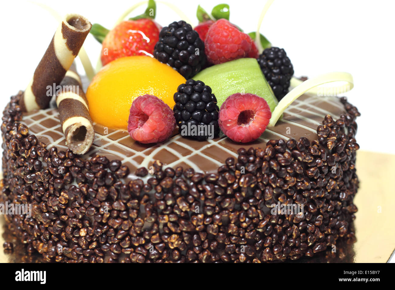 a Delicious chocolate strawberry cake with chocolate ganache. Stock Photo