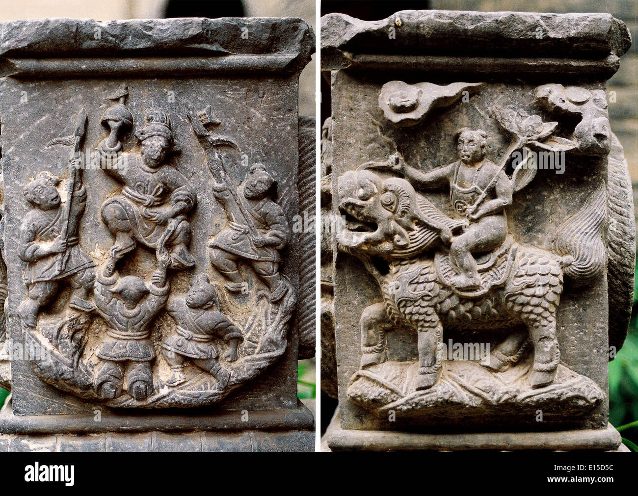 (140523) -- ZHENGZHOU, May 23, 2014 (Xinhua) -- This photo combination shows two Ming Dynasty (1368-1644 AD) stone column bases with human and beast sculptures at the Shanxi-Shaanxi-Gansu Guild in Kaifeng, central China's Henan Province, March 8, 2006. A large number of architectural sculptures have been preserved in historical sites of Henan, which is one of the cradles of the Chinese civilization. Many of the sculptures, created from stones, bricks, or wood, were used as building parts of residences, shrines and memorial archways, among other architecture types. Underlining both the mood and Stock Photo