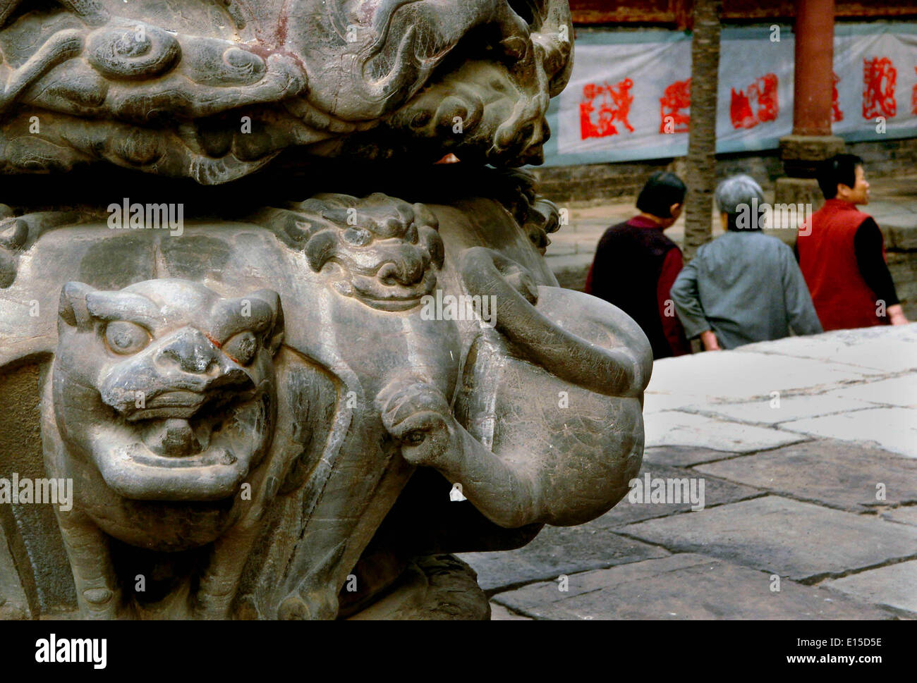 (140523) -- ZHENGZHOU, May 23, 2014 (Xinhua) -- Photo taken on April 11, 2012 shows a sculpted stone column base at the Luoyang Folklore Museum in Luoyang, central China's Henan Province. A large number of architectural sculptures have been preserved in historical sites of Henan, which is one of the cradles of the Chinese civilization. Many of the sculptures, created from stones, bricks, or wood, were used as building parts of residences, shrines and memorial archways, among other architecture types. Underlining both the mood and the details, these sculptures have themes including daily life, Stock Photo
