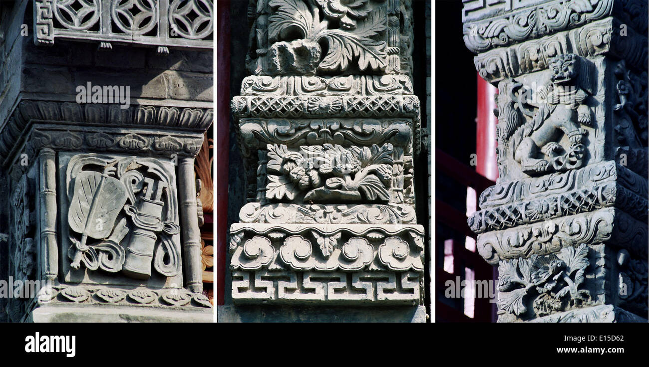 (140523) -- ZHENGZHOU, May 23, 2014 (Xinhua) -- This photo combination shows roof sculptures at the Shanxi-Shaanxi-Gansu Guild in Kaifeng, central China's Henan Province, March 6, 2006. A large number of architectural sculptures have been preserved in historical sites of Henan, which is one of the cradles of the Chinese civilization. Many of the sculptures, created from stones, bricks, or wood, were used as building parts of residences, shrines and memorial archways, among other architecture types. Underlining both the mood and the details, these sculptures have themes including daily life, le Stock Photo