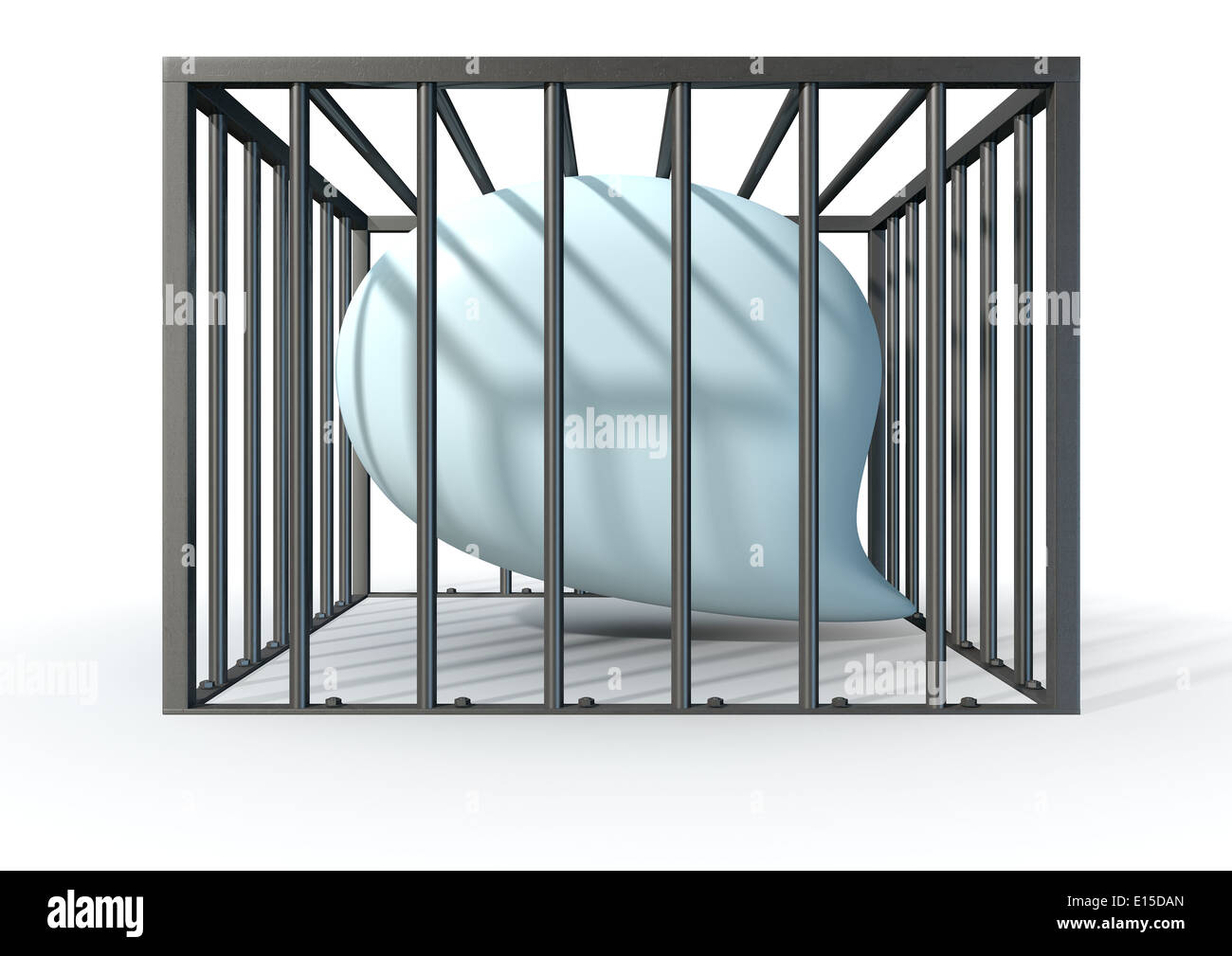 A regular white reflective speech bubble imprisoned in a square steel cage depicting censorship on an isolated white background Stock Photo