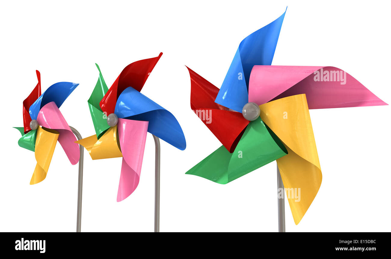 An array regular toy pinwheel windmills with five differently colored vanes on sticks on an isolate white background Stock Photo
