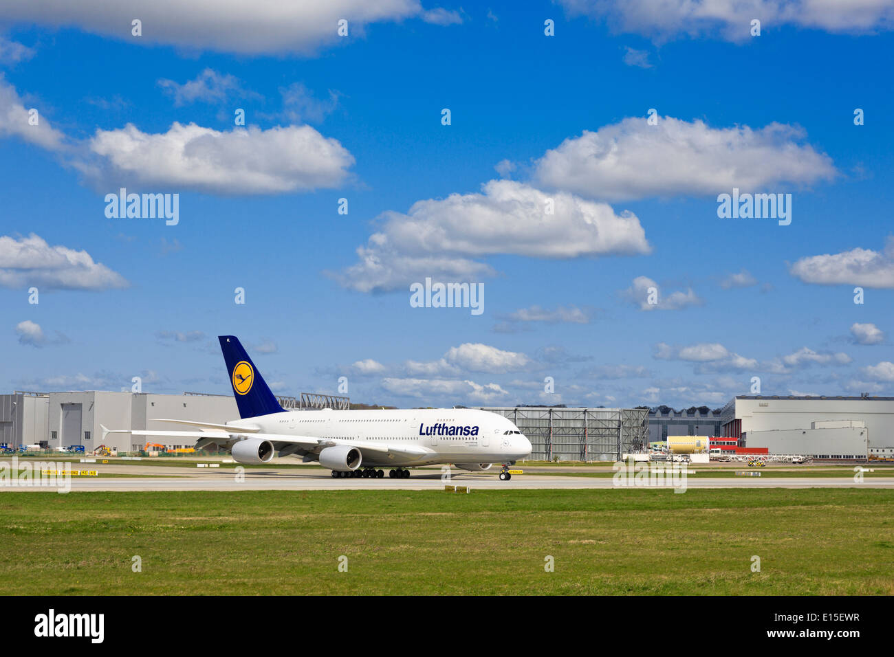 Germany, Hamburg, Start of an Airbus 380 at airport Finkenwerder Stock Photo