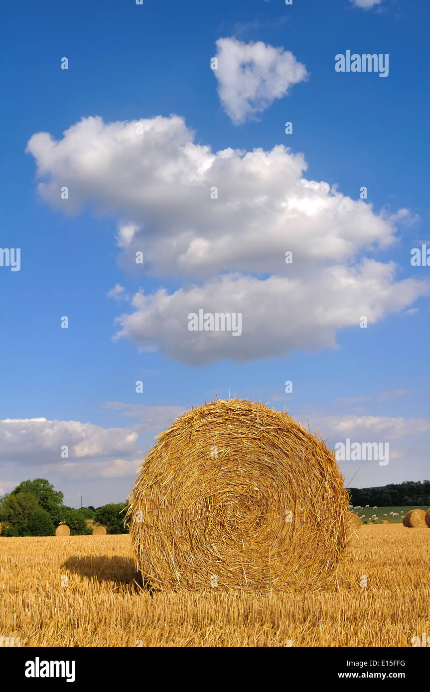 haystack in a field with cloud just above Stock Photo