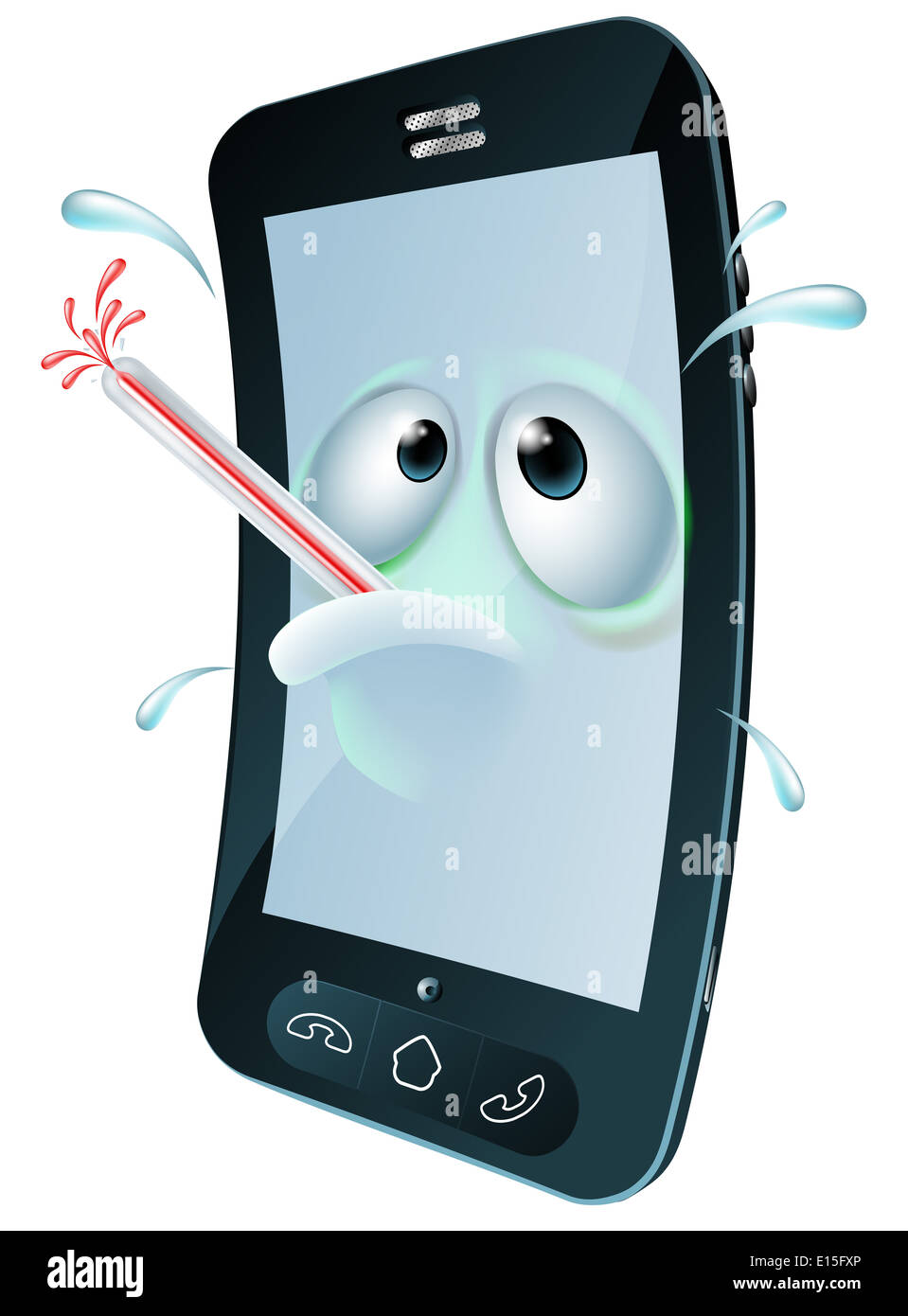 An unwell mobile phone mascot character overheating and sweating with a thermometer in its mouth. Concept for a broken phone or Stock Photo
