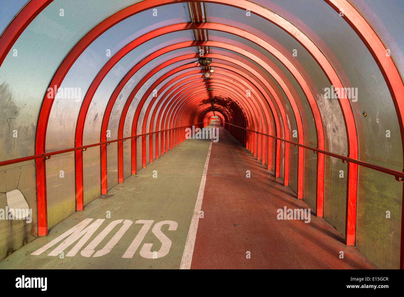 Long view of the SECC tunnel walkway over the Clydeside Expressway, Glasgow, Scotland, UK Stock Photo