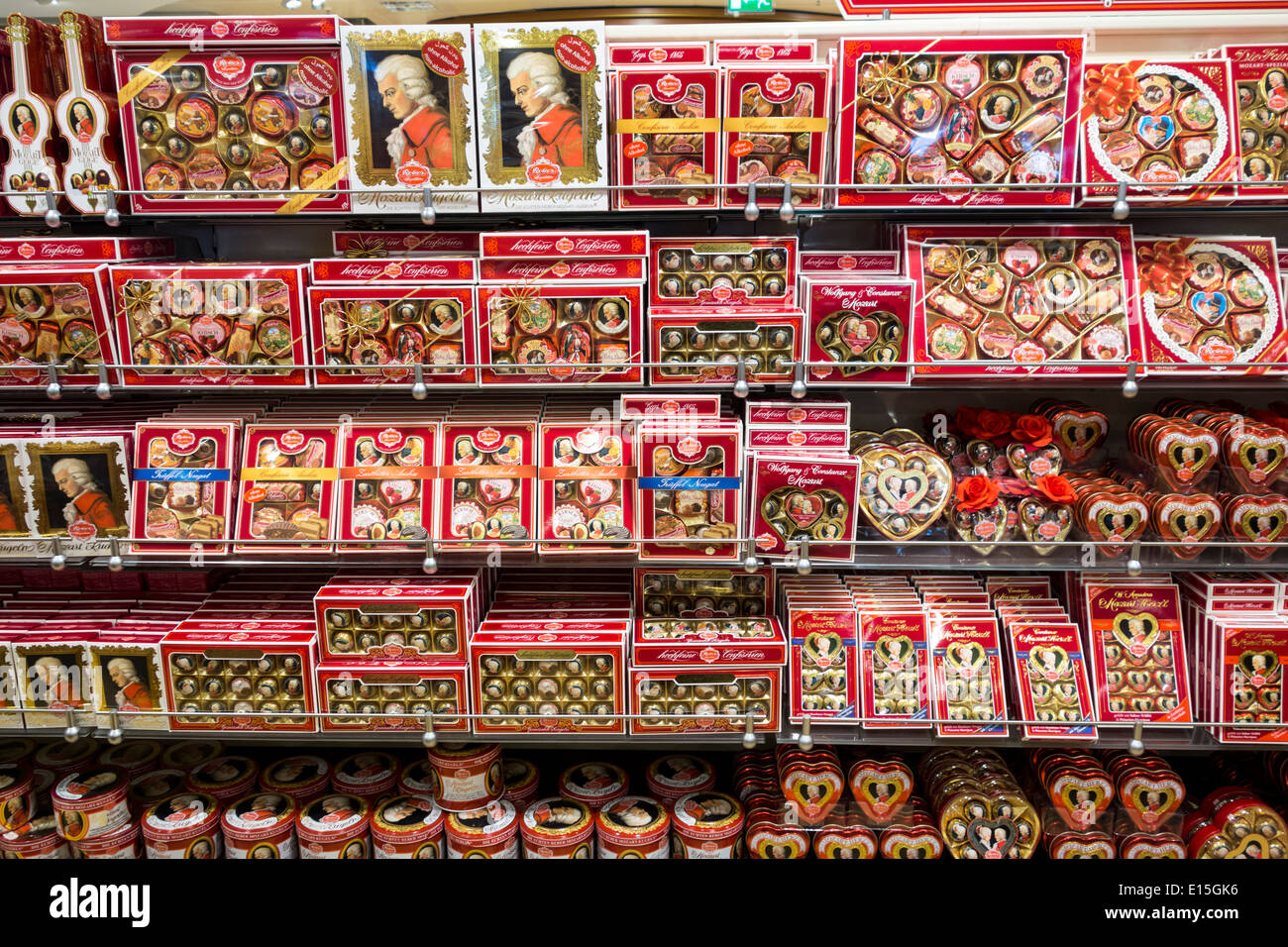 Mozart chocolate shelf in the KaDeWe food hall in Berlin, Germany Stock